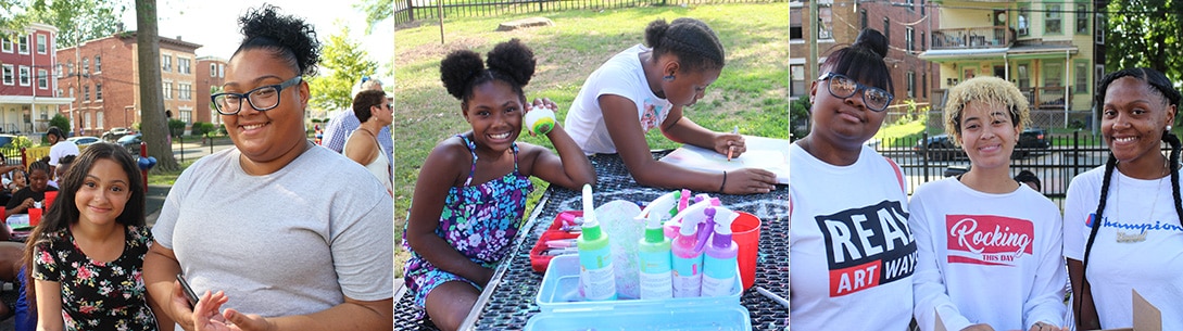 Three groups of children participating in Real Art Ways' Park Art at George Day Park on Arbor Street, Hartford, CT