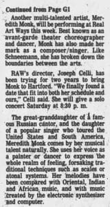 text of Hartford Courant article on Meredith Monk.