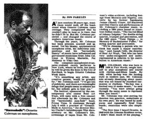 NY Times article about Ornette Coleman at Real Art Ways