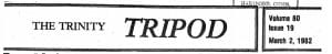 Newspaper masthead " The Trinity Tripod". Article is from 1981