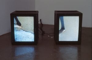 Janine Antoni's video piece "Migration". There are two tv's on the floor. Each tv has footage of a couple walking on the beach. 