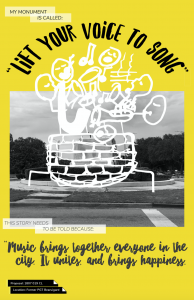 A black, yellow, and white poster with a proposed monument from the 2017 Paper Monuments project.