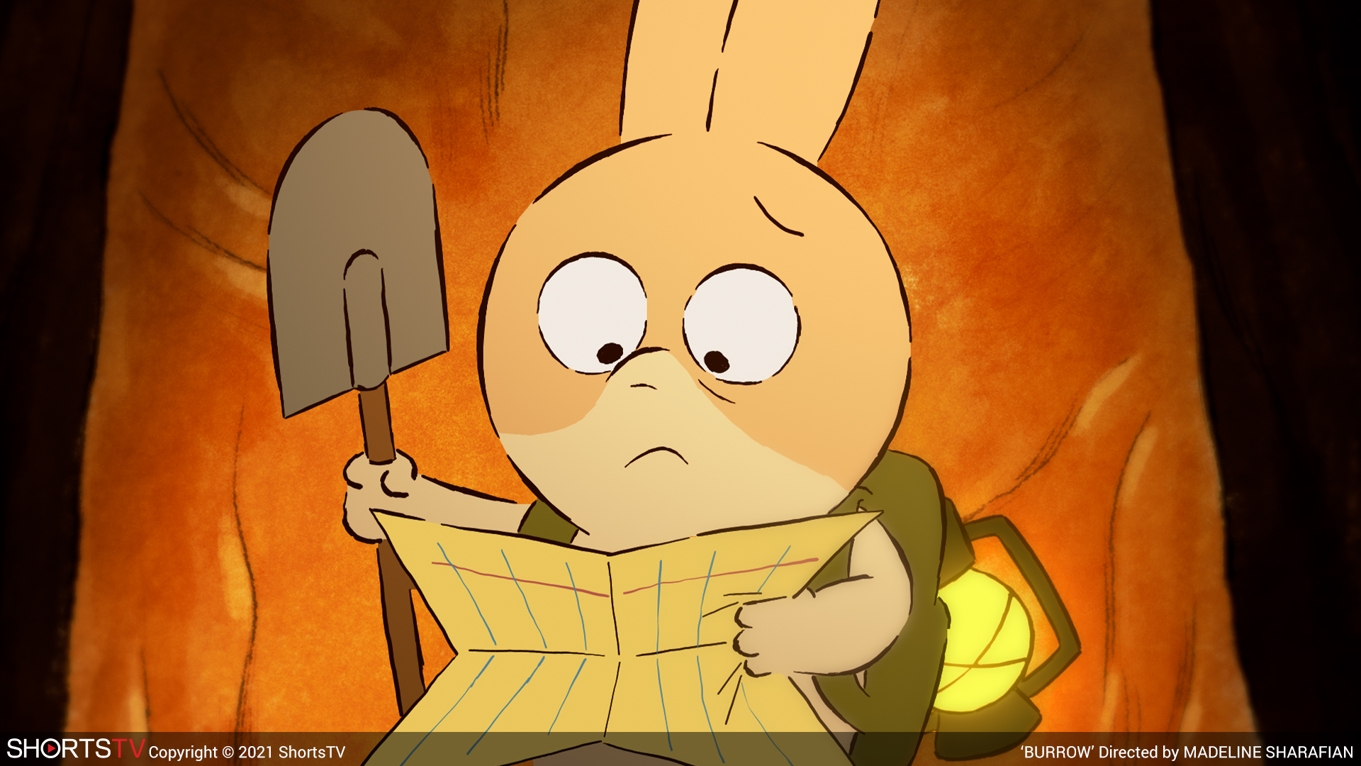 An animated rabbit holding a map and shovel from "Burrow"