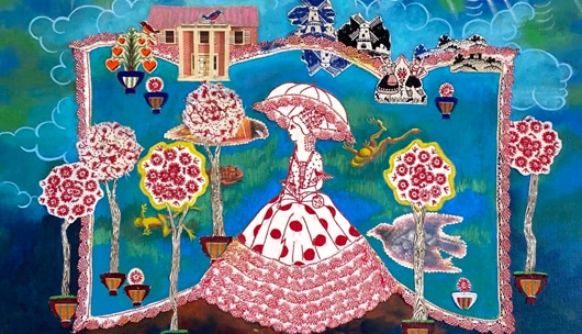 A painting of a woman walking with an umbrella by a dreamy landscape of yellow trees and a blue sky.