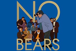 A cartoon of a man with a camera surrounded by a bunch of people, with "No Bears" signage in the background.