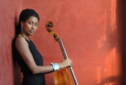 the profile of a musician holding a cello