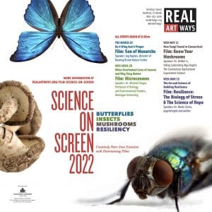 Science on Screen poster, filled with event information and large images of mushrooms, a butterfly and a fly