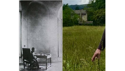 a photo of Rilke sitting at a desk next to a photo of a hand running through the grass