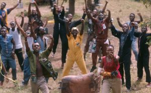 a group of people cheering