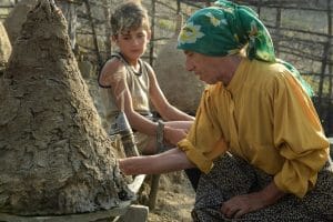 A woman and a young boy staring at a beehive.