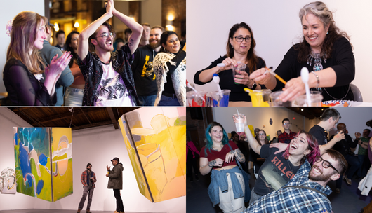 A collage of people dancing and celebrating at Creative Cocktail Hour.