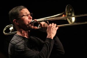 A man playing the trombone.