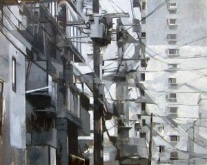 A painting of buildings interlaced by wires.